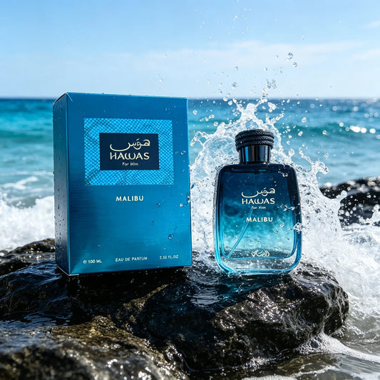 Rasasi Hawas Malibu For Him EDP Men Perfume 100ml Gradient Blue Bottle Fresh Aquatic Citrus Scent Long Lasting Masculine Fragrance Gift Box