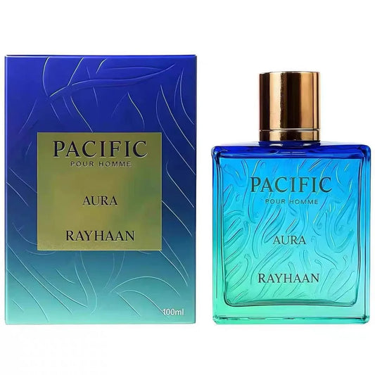 Rayhaan Pacific Aura Pour Homme Men's perfume Aquatic citrus fragrance, 3.4oz100ml, gradual blue-green ripple bottle body, visual sense of sea breeze