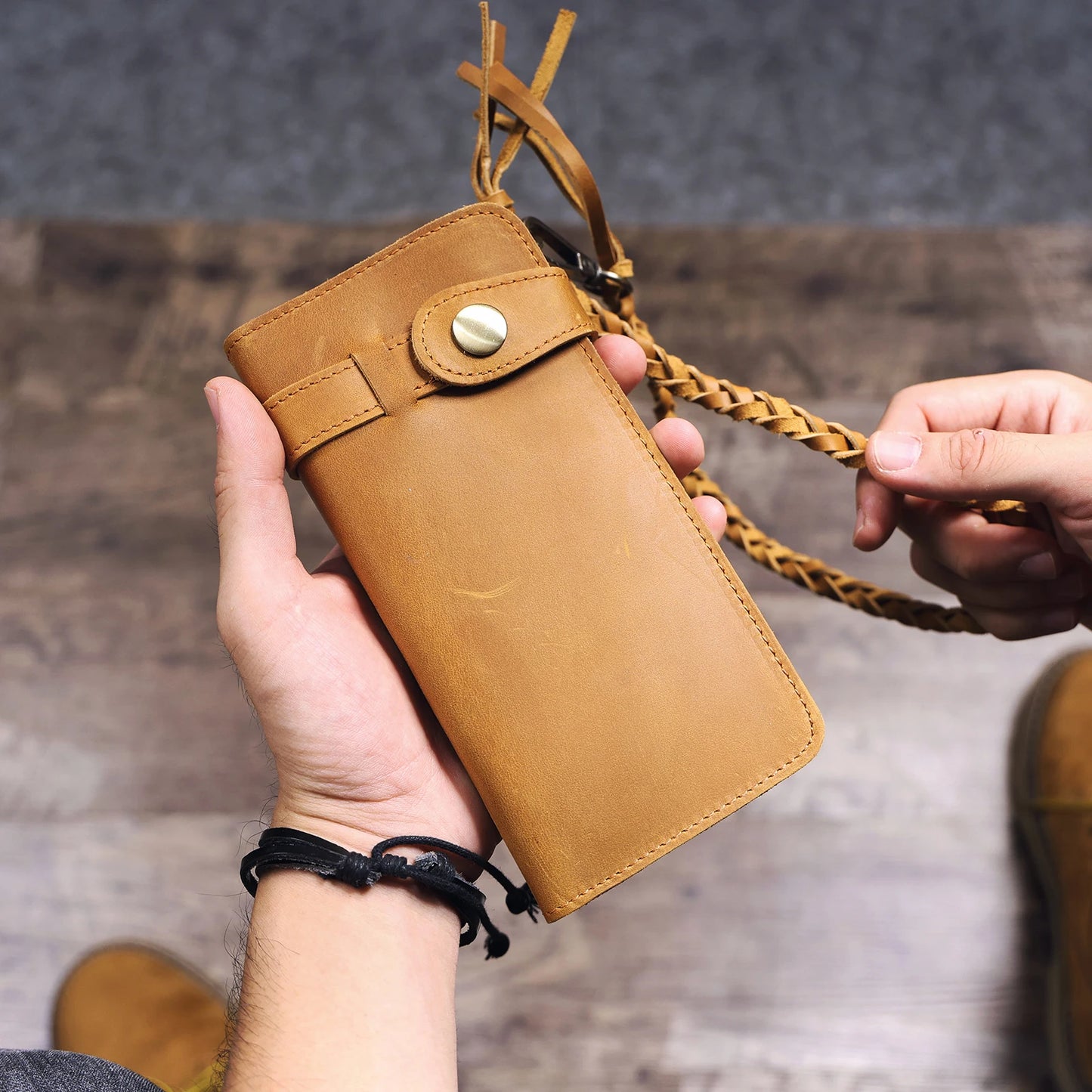 S.WORKER Vintage Crazy Horse Leather Wallet Handmade Men's Genuine Leather Long Wallet Pocket Purse Clutch Cash Card Holder
