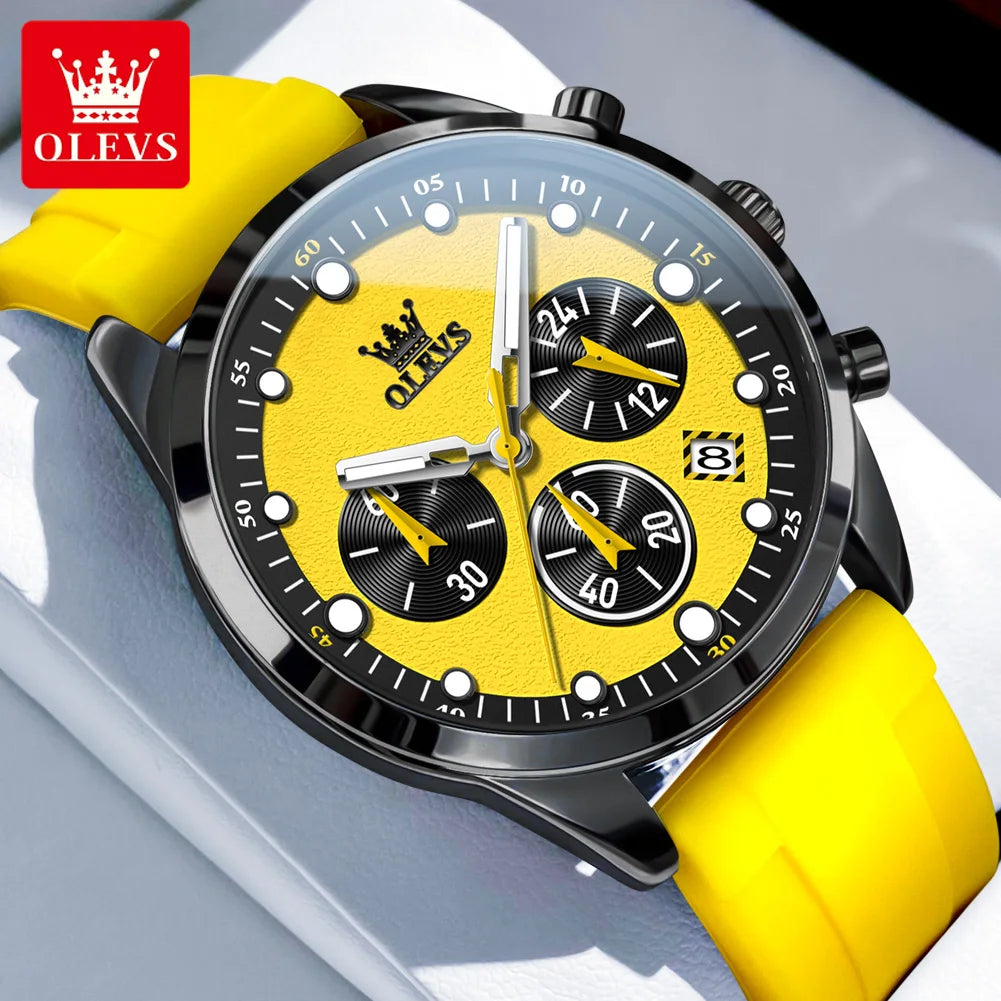 OLEVS 5602 Mens Watch Original Fashion Bright Colors Silicone Strap Quartz Wristwatch Waterproof Luminous Reloj Chronograph Date