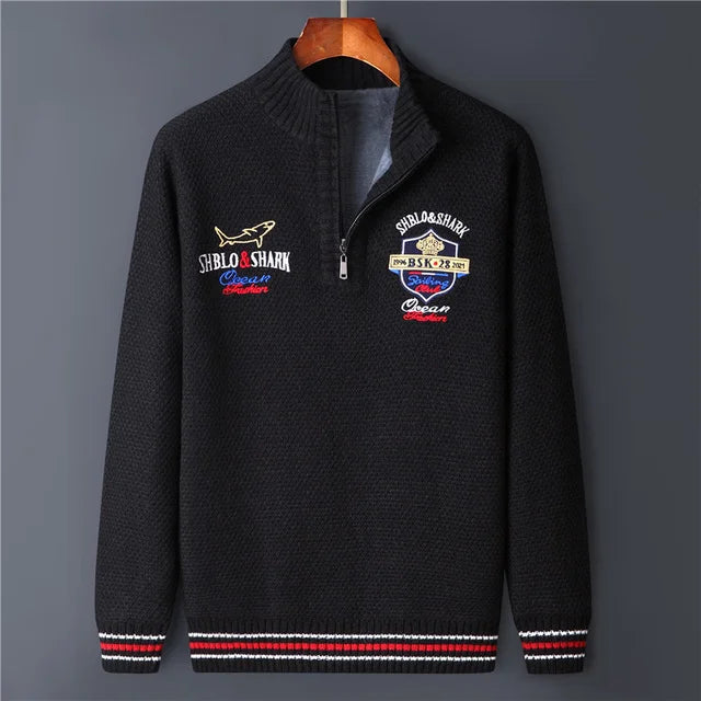 Men's Fleece Warm Half Zip Pullover Knitted Sweater Vintage Letter Print Cotton Coat Red/Black Winter Fashion
