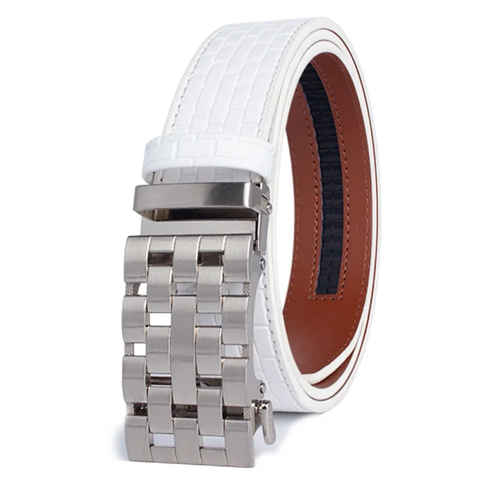 2023 Men Belt Metal Luxury Brand Automatic Buckle Plaid Genuine Leather Belts for Men Waist Strap Black Male