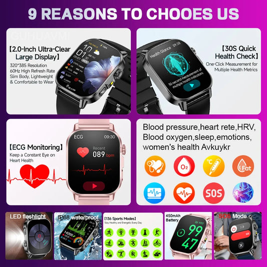 2026 Top Nursing Grade ECG+PPG Smart Watch Men Accurate Blood Pressure Lipids Uric Acid 2.0-inch AMOLED Screen HD Call Watch Men