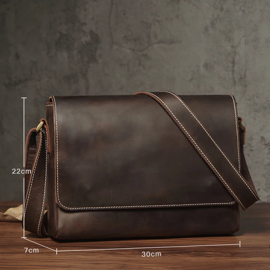 NUKA Men's Genuine Leather Shoulder Bag Retro Original Cowhide Horizontal Crossbody Deluxe Flap Messenger Bags For 11 Inch Ipad