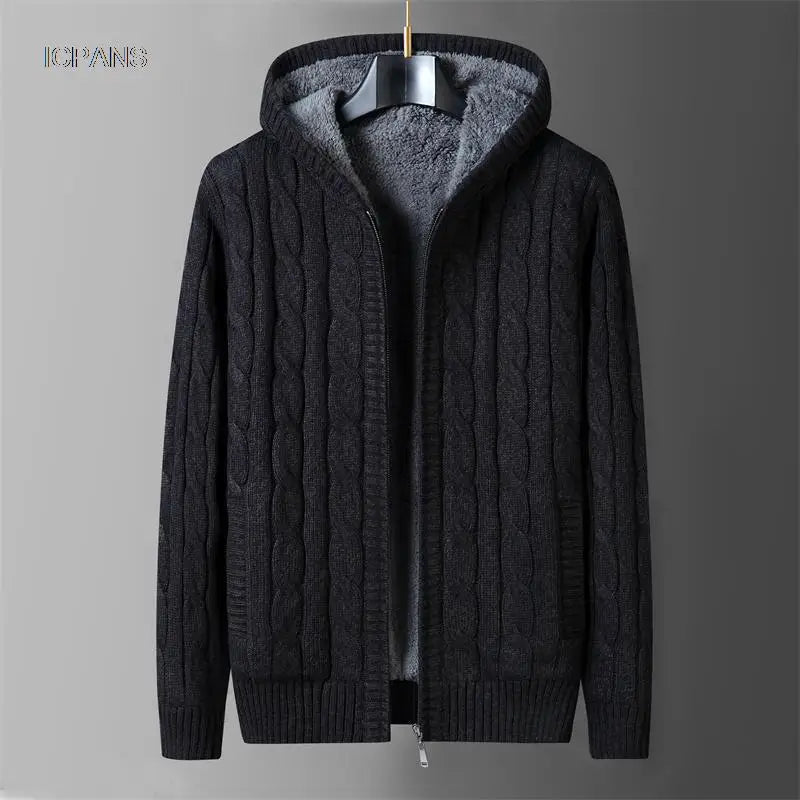 Men's Hooded Knit Winter Sweater Warm Fleece Liner Cardigan Black Khaki Knitwear Jacket Coat Clothing