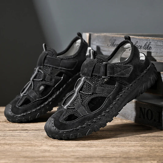 Men Outdoor Protective Toe Sandals Hollow Breathable Mesh Upper Quick Dry Lining Non Slip Walking Camping Driving Casual Shoes