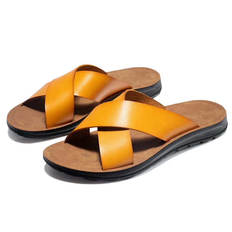Men Summer Shoes Italian Leather Slippers Outdoor Men High Quality Big Size 38-47 Beach Flip Flops Slip on Men's Sandals MSH038