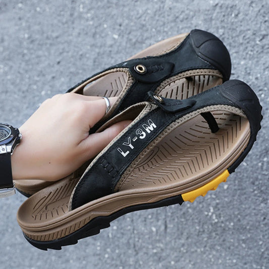 Genuine Cow Leather Shoes Men Sandals Flip Flops Men's Casual Shoes Classic Massage Men Beach Slippers Anti-slip Summer 2025 New