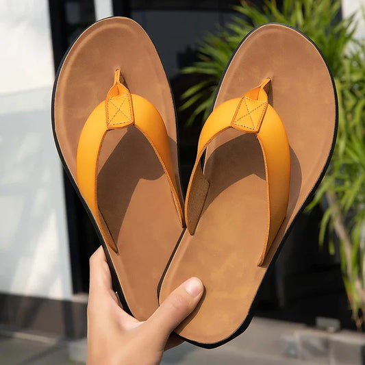 2023 New Italian Leather Flip-flops For Men Cool Beach Summer Shoes Hotel Slippers Man Big Size 47 Light Flats Luxe Men's Shoes