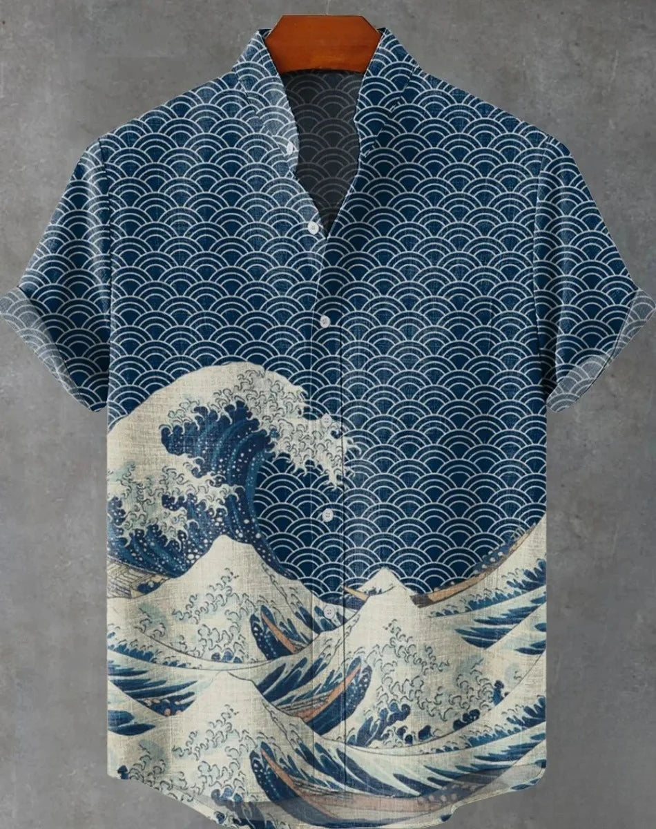 Men's striped Hawaiian shirt, casual short-sleeved top, loose and fashionable, vintage summer shirt
