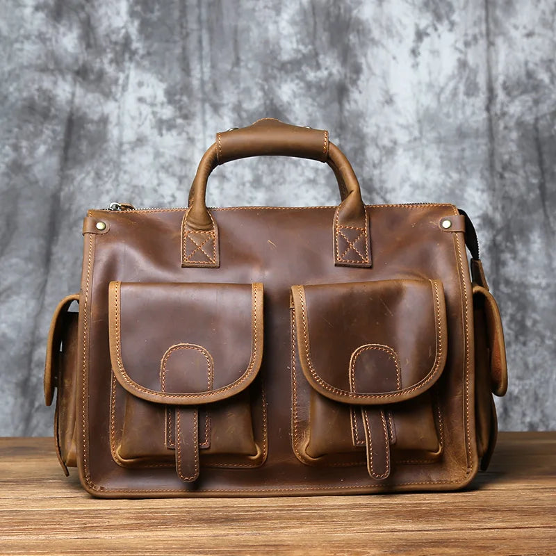 NZPJ Vintage Genuine Leather Men's Briefcase Crazy Horse Handbag Natural Cowhide Travel Bag Casual Shoulder Crossbody Bag