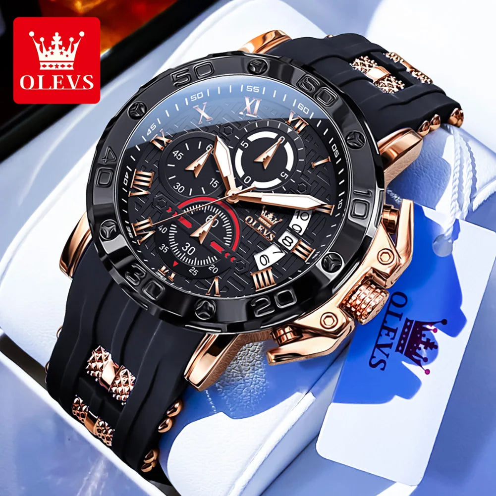 OLEVS 51mm Large Dial Quartz Watch for Men Silicone Strap Waterproof Luminous Auto Date Chrono Roman Numeral Scale Men's Watches
