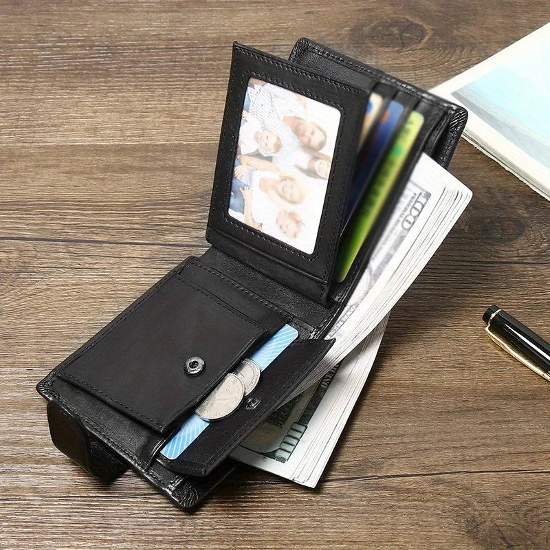 Men's Genuine Leather Wallet, Rfid Anti-Theft Brush, Anti-Magnetic, Short Coin Purse, Large Capacity, Multi-Slot Buckle Wallet