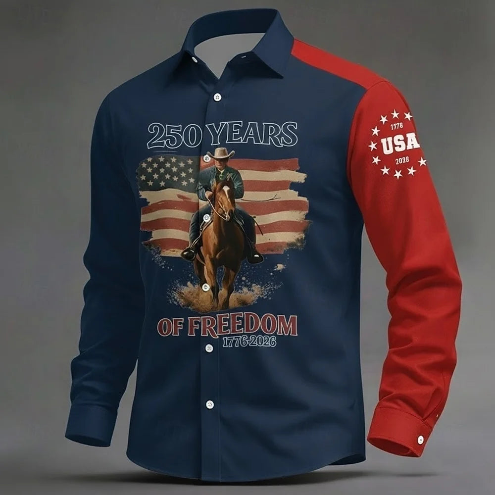 Men's Shirt Us Flag Freedom 250th Anniversary Trendy Retro 3D Print Top Autumn Long Sleeved Button up Spring Fall Holiday Shirts
