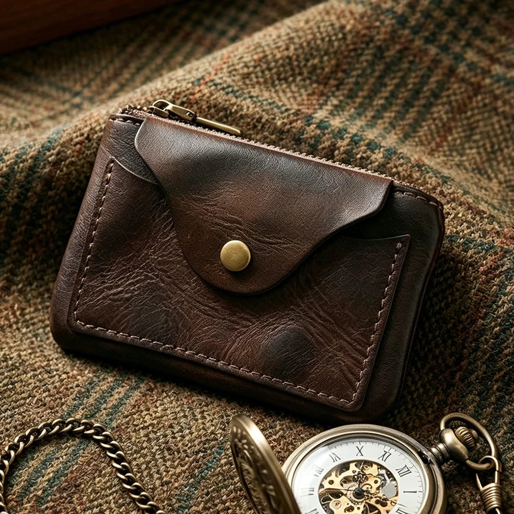 New Slim Short Men's Wallet Vintage Genuine Leather Card Holder Zipper Male Coin Purses High Quality Snap Men Money Clips