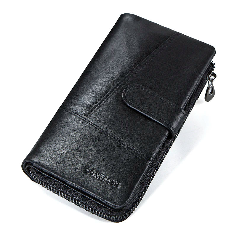 CONTACTS Genuine Leather Men Wallet Long Vintage Bifold Men's Wallet Zipper Coin Purses Large Capacity Money Clips Card Holder