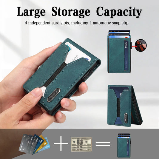 Denior Magsafe magnetic card bag,press type automatic pop-up multifunctional card box, can hold 6-10 credit cards leather wallet