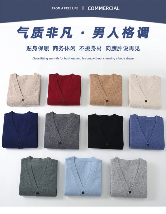 100% Pure Wool Sweater Autumn Winter New Men's Cardigan V-Neck Buckle Jacket Loose Casual Cashmere Knitted Sweater Long Sleeveds