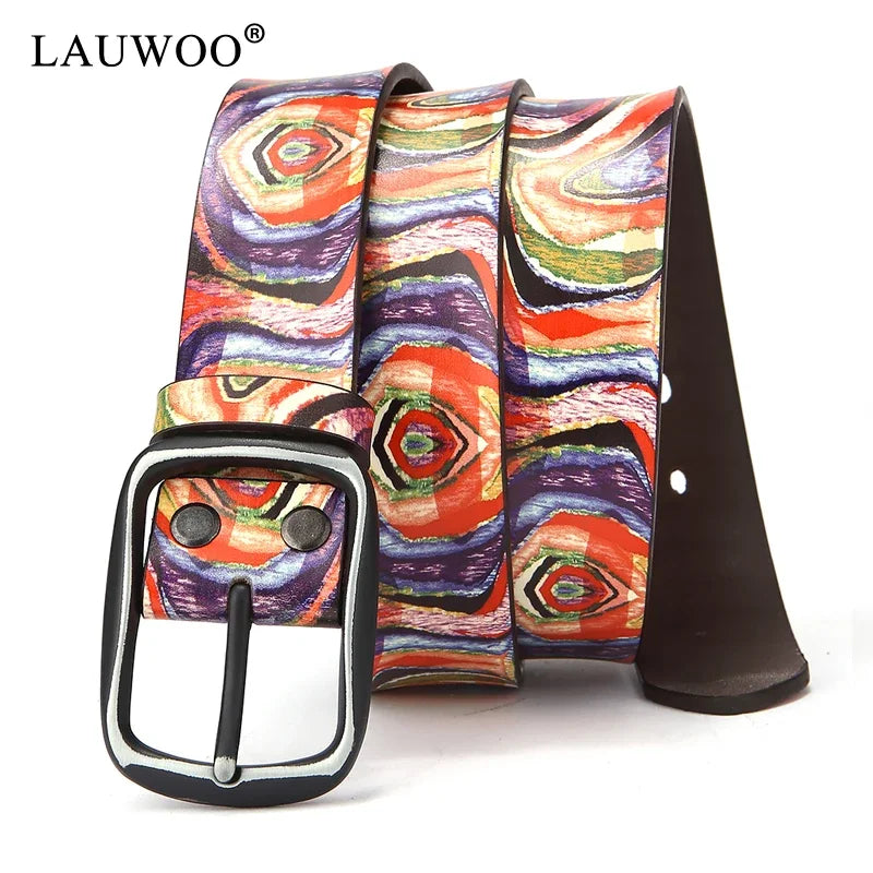 LAUWOO Women Belt Luxury Brand Genuine leather belt for men fashion printed belts for women Retro Unisex Casual Jeans Belts