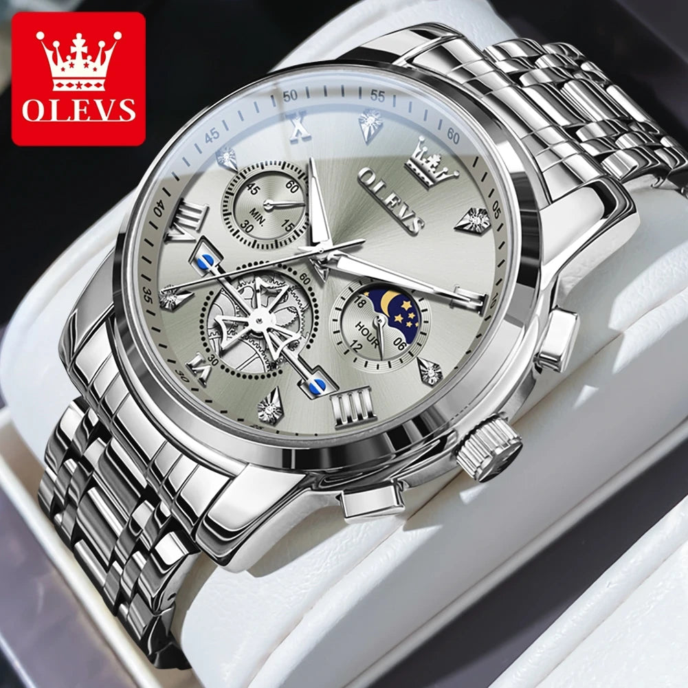OLEVS Men's Watches Classic Multifunctional Flywheel Chronograph Original Quartz Wristwatch Moon Phase 24 Hour Waterproof Reloj