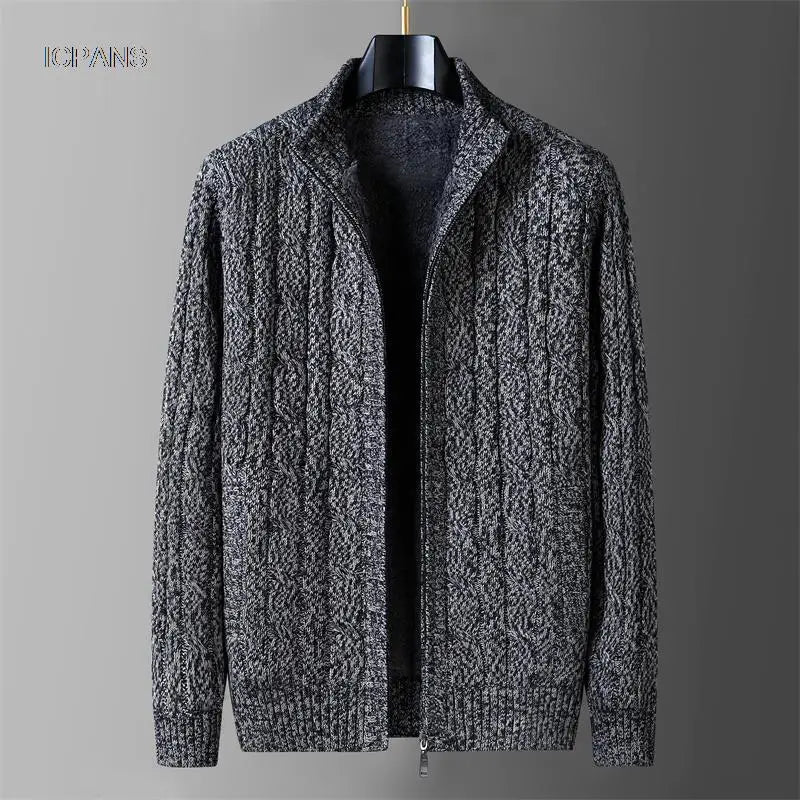 Wool Liner Argyle Jumper Jacken Korea Khaki Black Fleece Thicken Warm Winter Zipper Sweater Men Cardigan Knitted Clothing