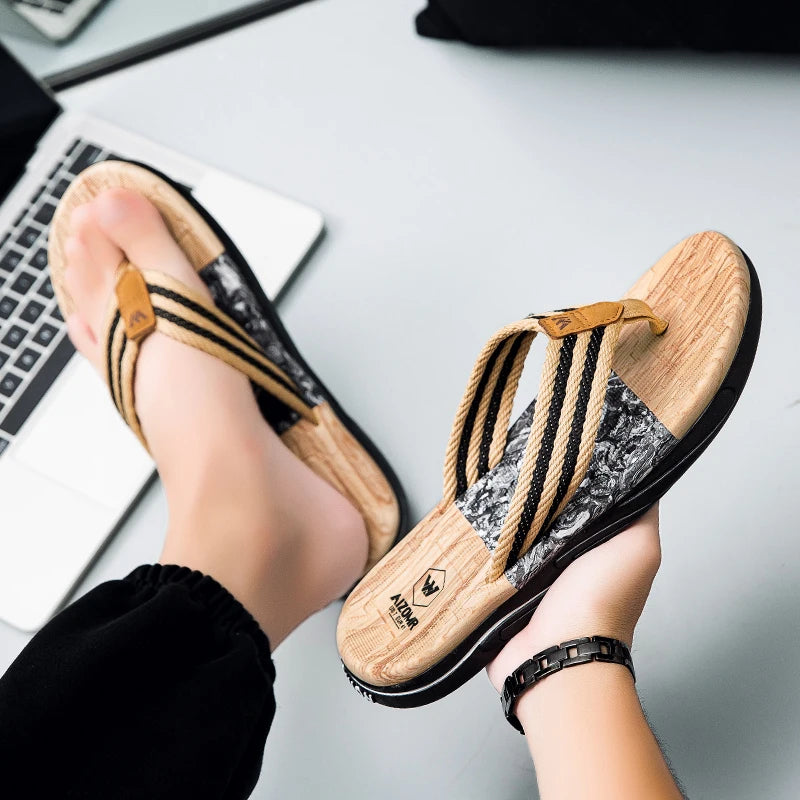 Japanese wood grain flip flops for men in summer wear anti-slip trend printed soft bottom clip foot stroke beach sand sand