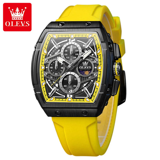 OLEVS 2975 Men's Watches Hollowed Quartz Wristwatch Silicone Strap Tonneau Large Dial Design Waterproof Luminous Watch for Men