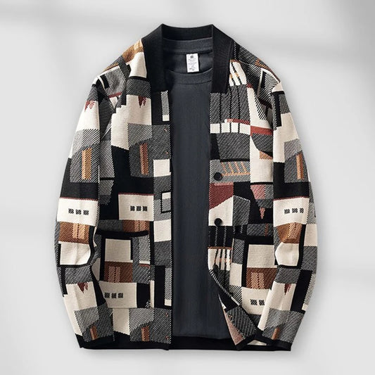 Geometric Oil Painting Camouflage Irregular Cardigan Sweater Men's Plus Size Widened Autumn New Outer Wear Jacket Top Preppy