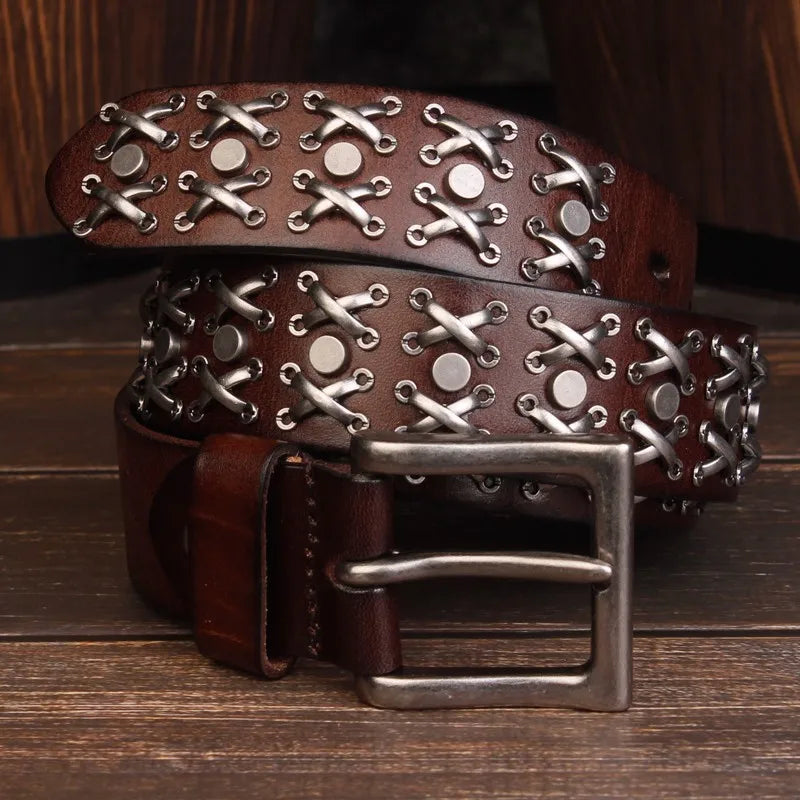 Studded Heavy Metal Style Belt Handmade Genuine Leather Punk Rock Style Men's Belt Cowhide Retro Tactical belt Jeans Belt