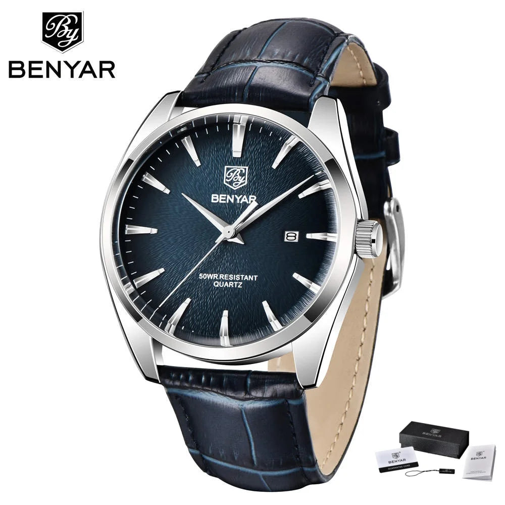 Benyar 5163 Top Brand Luxury Military Wristwatches Leather Quartz Watches Waterproof Simple Watch for Men Reloj Hombre