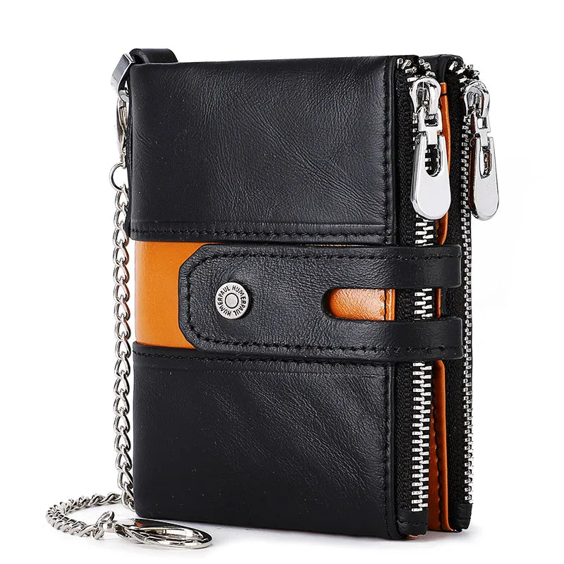 HUMERPAUL Genuine Leather Men's Wallet Fashion Quality Travel Purse Rfid Protect Credit Card Holder Wollst for Men with Chain