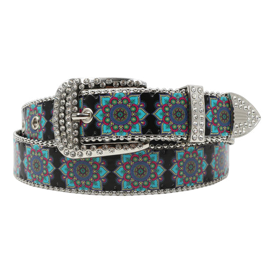 Rhinestone belt blue totem print New Women's Fashion Rhinestone Versatile Fashion PU Leather Belt Jeans Punk Rock Y2K Belt
