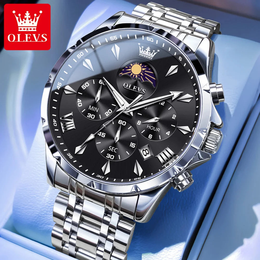 OLEVS 3653 Original Mens Quartz Watch NEW Four Functional Small Dials Chronograph 24-hour Moon Phase Stainless Steel Waterproof Man Wristwatch