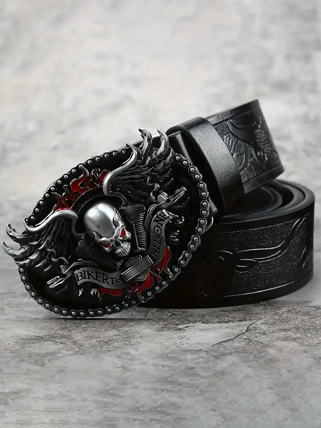 HERSHINE Men's Vintage Embossed Leather Belt (1 Piece), Skull Ghost Buckle, Y2K Gothic Punk Rock Hip Hop Accessory,spring,summer