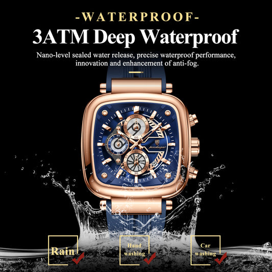 POEDAGAR Square Sport Man Wristwatch Date Waterproof Luminous Chronograph Watch For Men Silicone Strap Men's Quartz Watches Male
