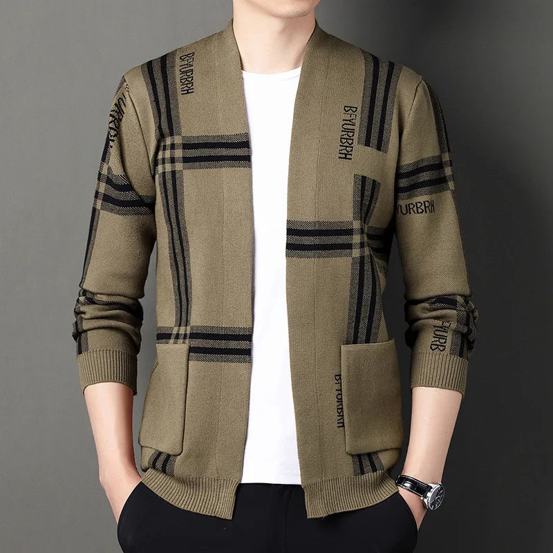 Autumn and Winter Men's Fashion Casual Wide Stripe Knitted Cardigan Simple Coat Plaid Dress British Long Sleeve Tops