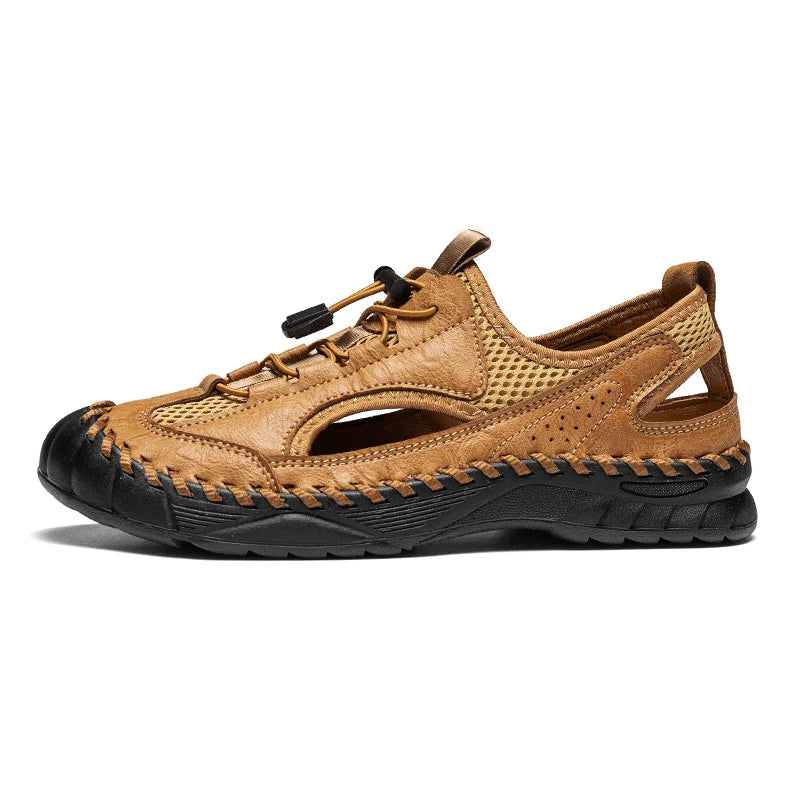 Summer Men Full Casual Leather Hand Stitch Big Size Outdoor Beach Sandals Closed Toe Non Slip Comfort New Summer Walking Shoes