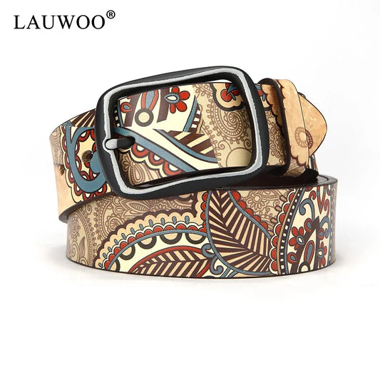 LAUWOO Women Belt Luxury Brand Genuine leather belt for men fashion printed belts for women Retro Unisex Casual Jeans Belts