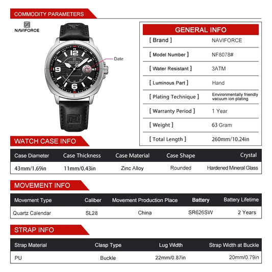 NAVIFORCE High Quality Male Wristwatch PU Band Calendar Brand Men Quartz Watch Auto Date Display Waterproof Clocks Reloj Hombre