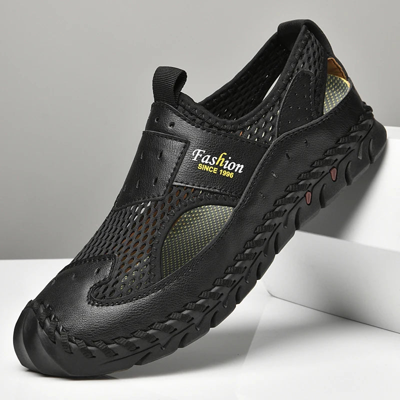 Summer Sandals Breathable Men Shoes Leather & Mesh Outdoor Men Sandals Antiskid Beach Sandals Hollow Flats Footwear Handmade New