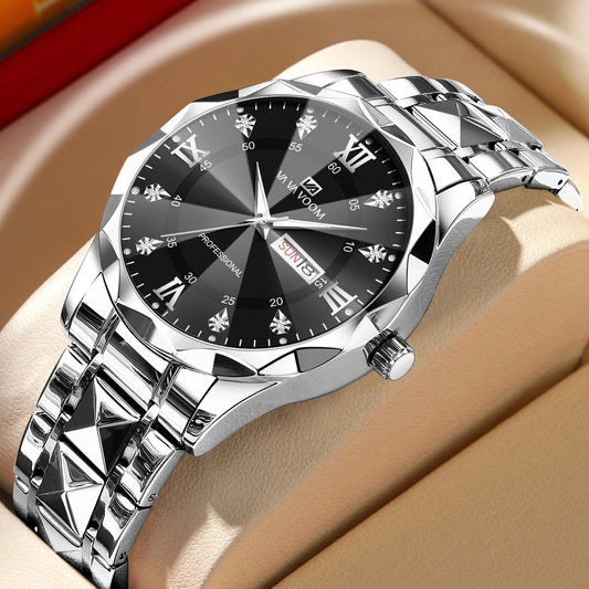 VA VA VOOM Hot Selling Original Blue Gold Creative Design Classic Hot selling Quartz Watch Men Fashion High Quality Rhombus Design Fashion Business Japanese Movement Gold Stainless Steel Fashion Clock Sports Watch for Men Gif