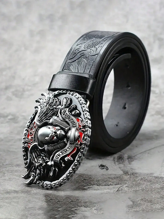 HERSHINE Men's Vintage Embossed Leather Belt (1 Piece), Skull Ghost Buckle, Y2K Gothic Punk Rock Hip Hop Accessory,spring,summer