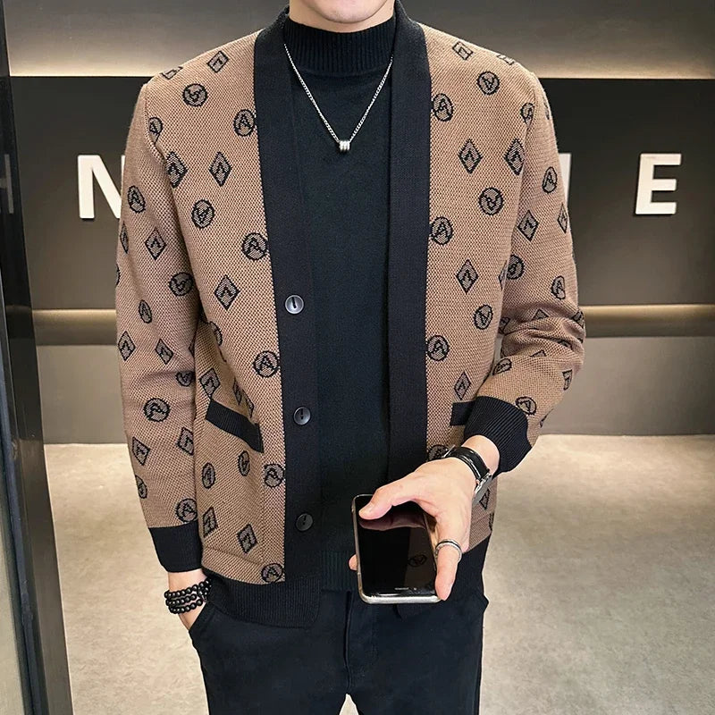 Brand Autumn Jacquard Knitted Cardigan Jackets Men Casual Business Sweater Coats Fashion Button Cardigans Men Clothing M-4XL