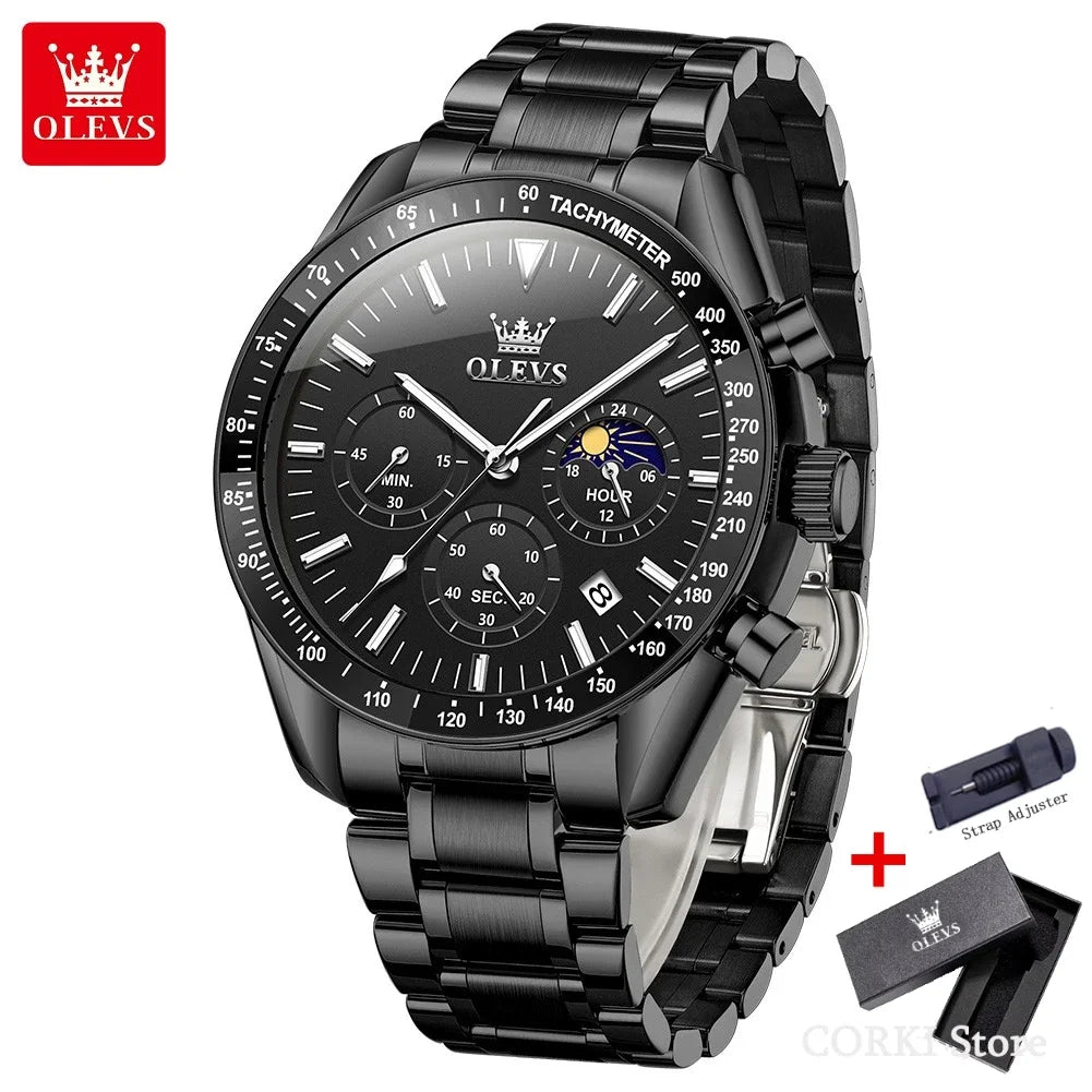 OLEVS 3618 Waterproof Luminous Date Moon Chronograph Wristwatches Mens Luxury Stainless Steel Quartz Watch for Men Reloj Hombre