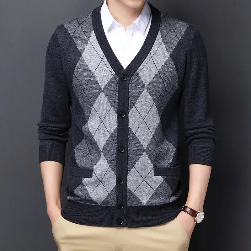 Spring Autumn Men's Argyle Patchwork Knit Cardigan Fashion V-Neck Smart Casual Knitted Sweatercoat Men Slim Fit Sweater Cardigan