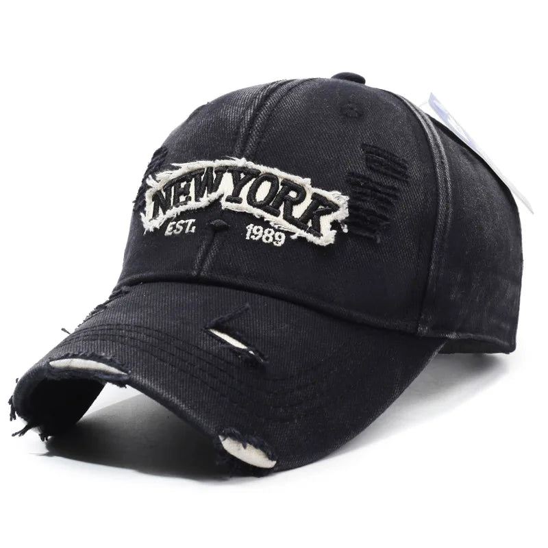 Letter New York Broken Hole Baseball Cap Washed Cotton Adjustable Embroidery Baseball Cap Sunscreen Hats For Man Women Fashion