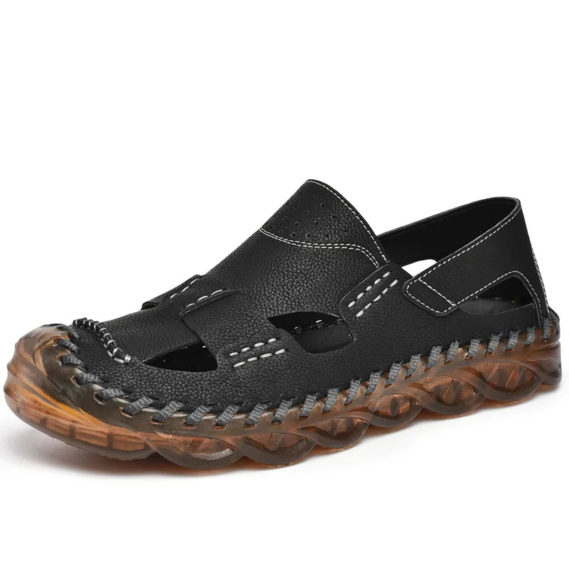 Hot Sale Summer Men's Flats Outdoor Non-slip Men Beach Shoes Handmade Leather Man Sandals Fashion Hollow Out Sneakers Slippers