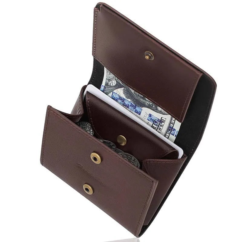 Pomelo Best Portable Men's Bifold Small Vintage Genuine Fine Grain Leather Wallet with Coin Compartment Press Stud Gift for Men
