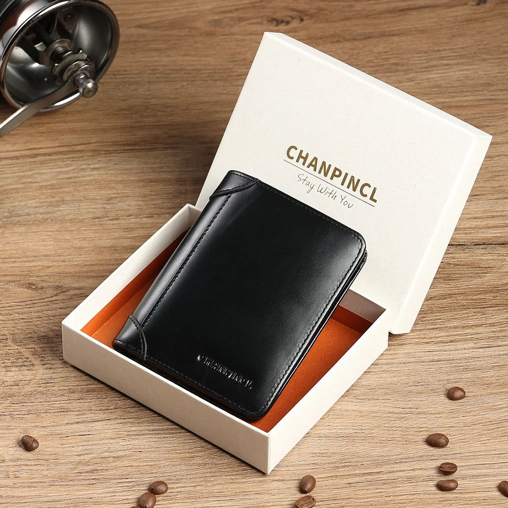 CHANPINCL Men's Italian Top-Grain Cow Leather Slim Tri-Fold Vertical Wallet – Multi-Card, RFID Blocking & Gift Box