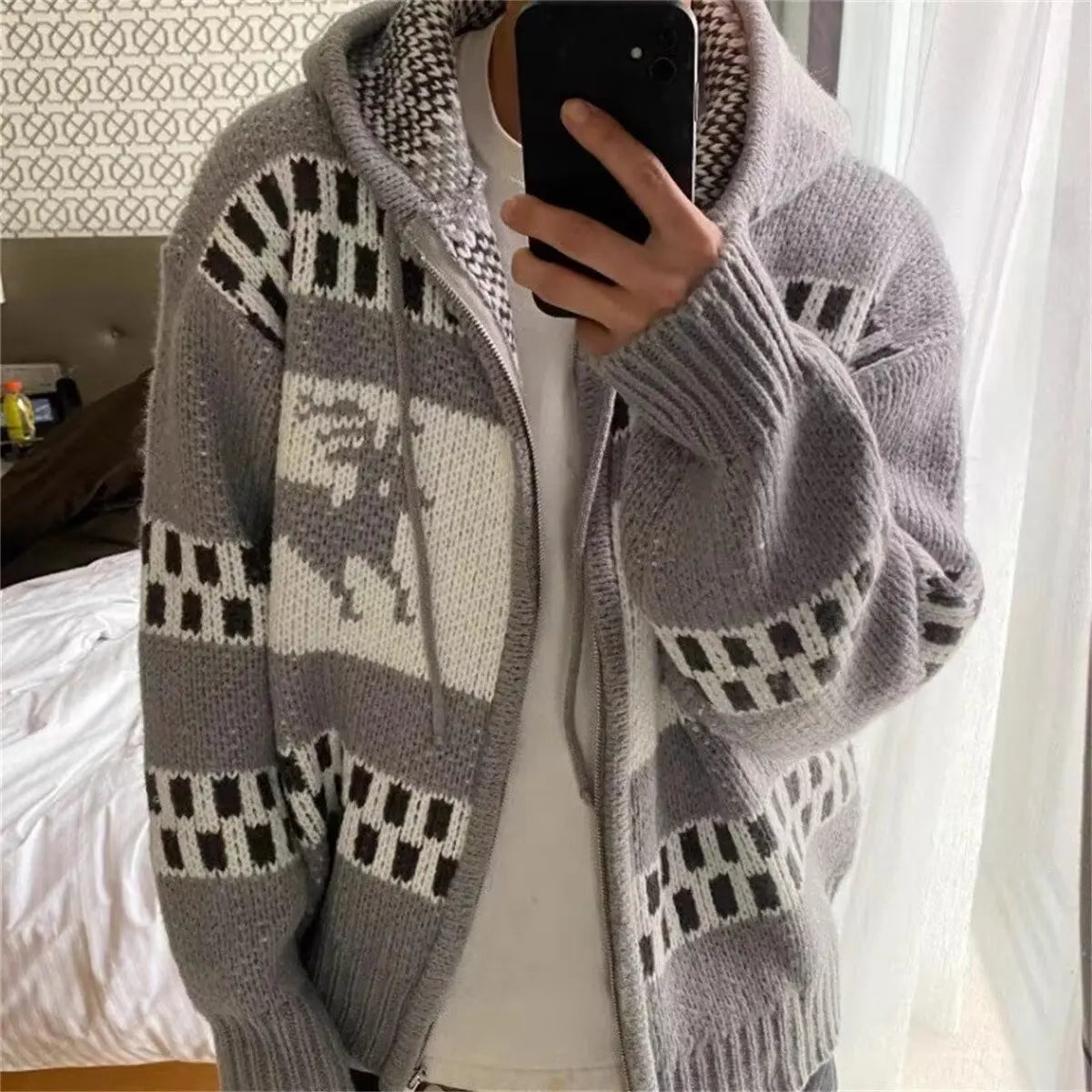 Fair Island Pattern French Retro Jacquard Knitted Cardigan 2025 Early Spring Loose Fluffy Wool Sweater Coat